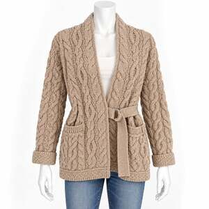 Aran Crafts Irish Fisherman Sweater Womens Sz S Belted Cardigan 100% Merino Wool